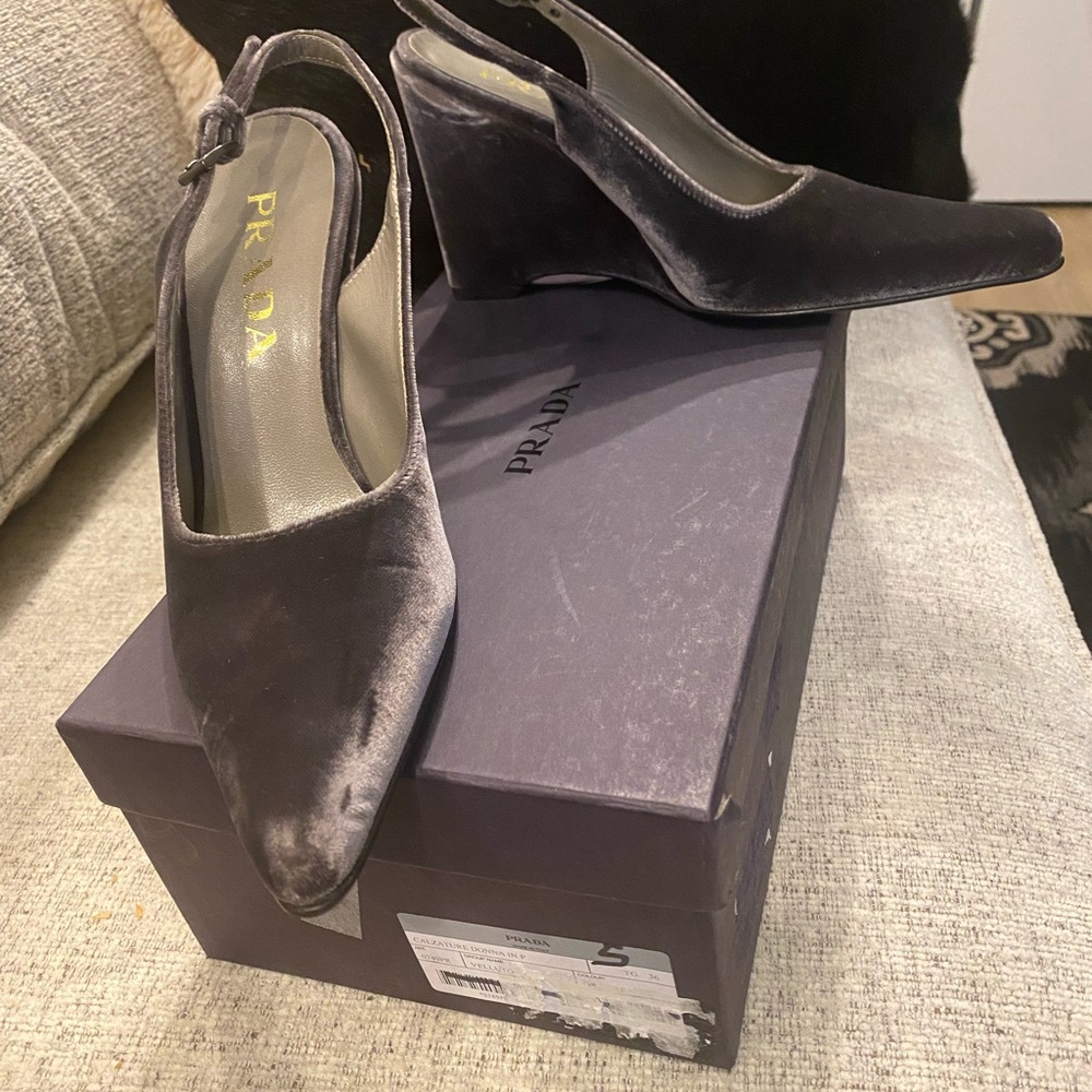 Prada Vintage Velvet Wedge Slingbacks in Graphite Grey - Picture 11 of 13